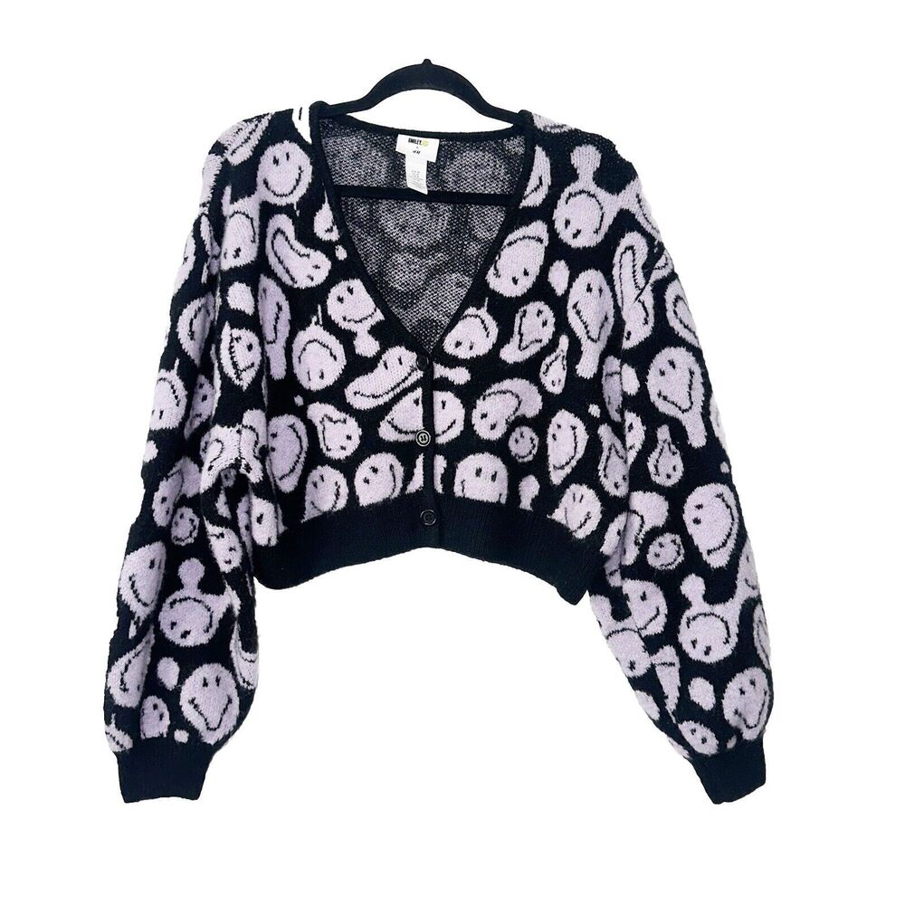 Smiley x H&M Black Purple Cropped Cardigan Sweater Womens Size M